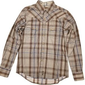 Wrangler RETRO Sz M Mens Gold Snap Front Plaid Western Shirt Brown Gray Cotton